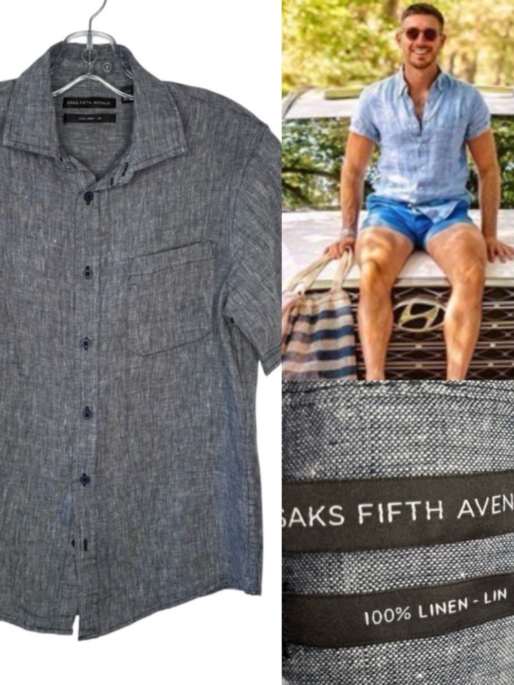 Saks Fifth Ave Blue 💯 Men’s Linen Shirt, short sleeves, chest pocket, Size Small